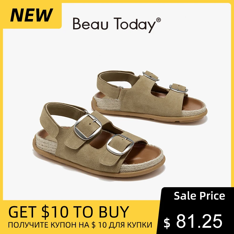 

Босоножки BeauToday Birkenstock женские из коровьей замши верблюжьей расцветки, однотонные пляжные Босоножки ручной работы на толстой подошве с двумя ремешками, 2024, лето 34617