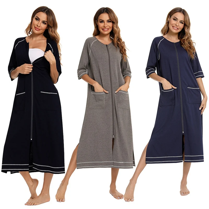 

Женская пижама на молнии с карманами и полурукавом, домашняя одежда, свободные и удобные ночные рубашки