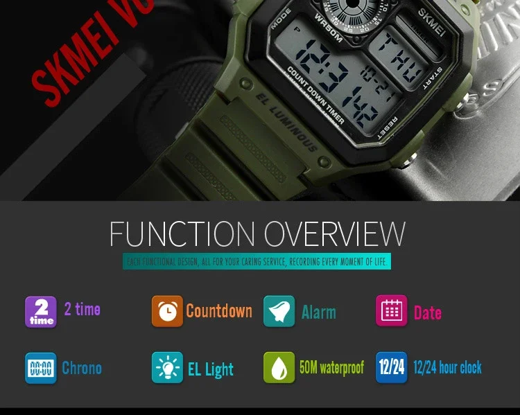 SKMEI 1299  Alarm Male Digital Watch reloj hombre Outdoor Sport Watch Fashion Men PU Strap Multifunction Waterproof Watches