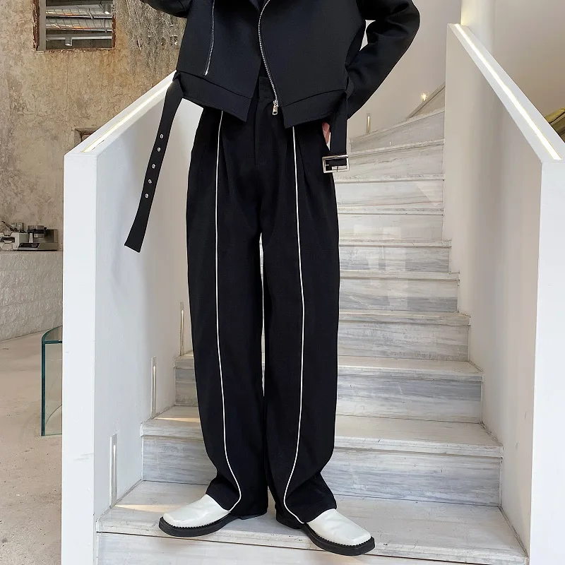 

2023Straight Pants Casual Korean Men White Stripe Men's Style Fashion Streetwear Vintage Chic Long Suit Trousers Male Black Pant