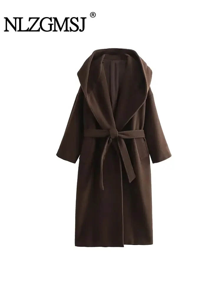 

Nlzgmsj TRAF Hooded Woolen Coats For Women With Belt Long Jacket Women's Winter Coat 2024 Thick Warm New In Outerwear