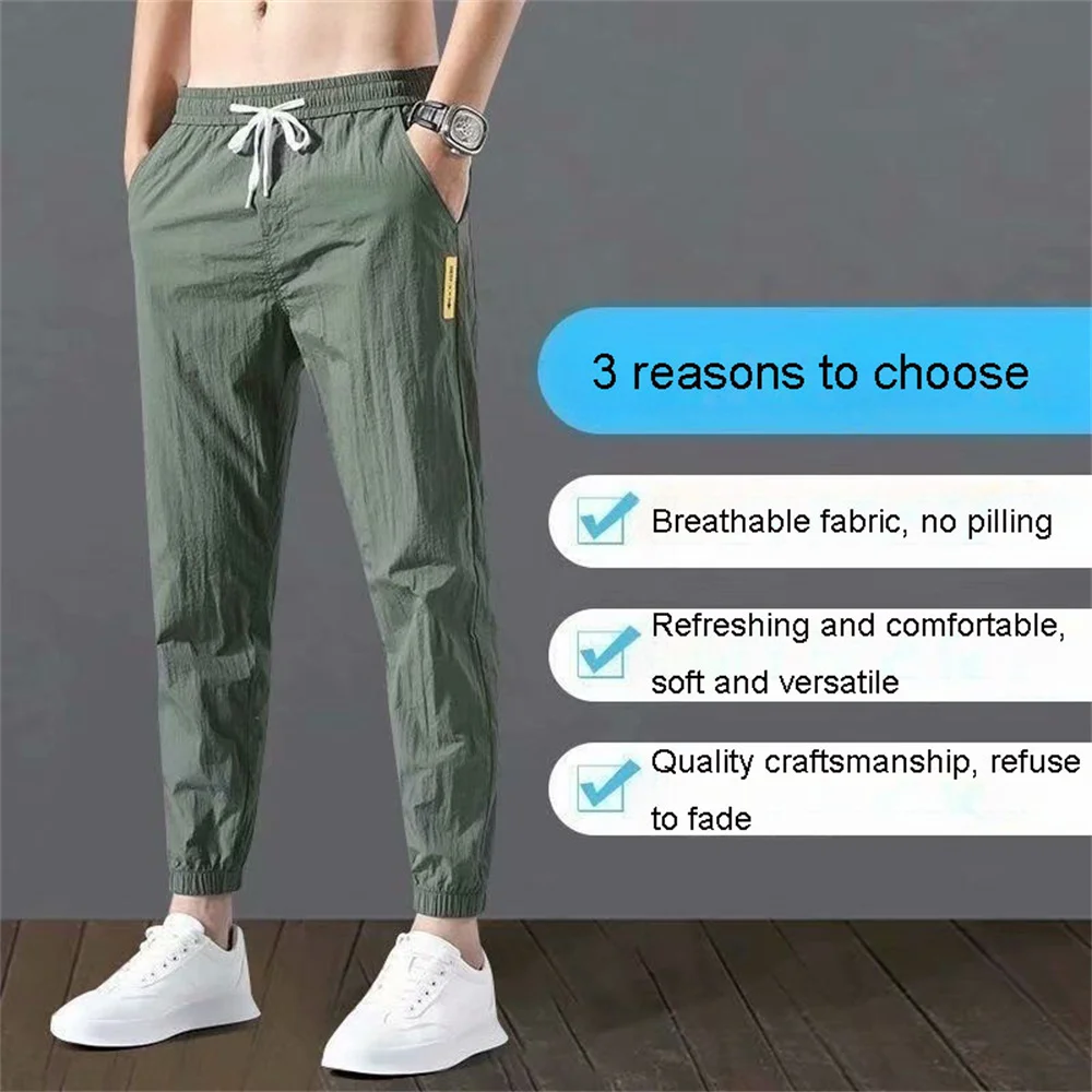 Men's Cotton Linen Pants Summer Cool Casual Long Pants Ice Silk Pants Slim Straight Sports Pants Jogging Pants Men Gym Trousers