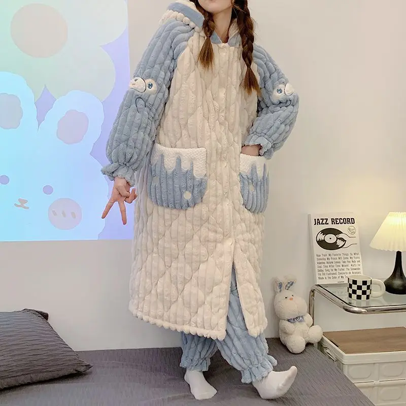 

Sanrio winter Cinnamoroll pajamas thickened plus velvet coral velvet pajamas three-layer quilted long bathrobe home clothes cute