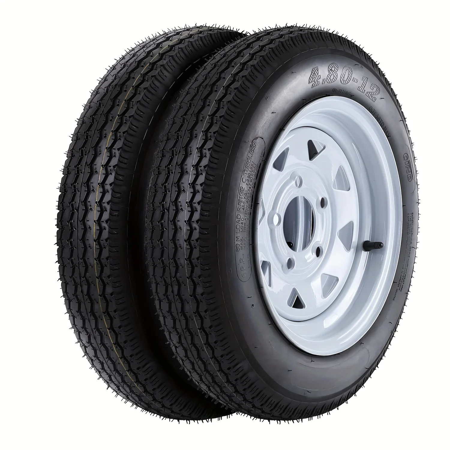 

et of 2 High-quality 4.80-12 Trailer Tires with 12" Rims and 5 Lug on 4.5" Pattern. Durable Load Range C Tires with 990 lbs Capa