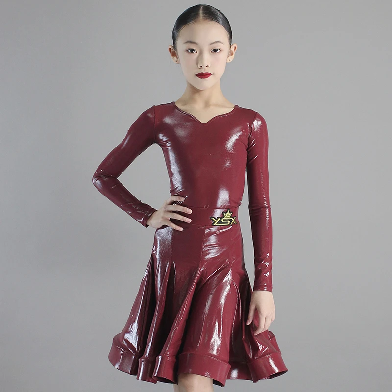 

Standard Ballroon Latin Dance Dress Girls Wine Red Professional Competition Clothing Cha Cha Rumba Dance Clothes Kids DNV19993