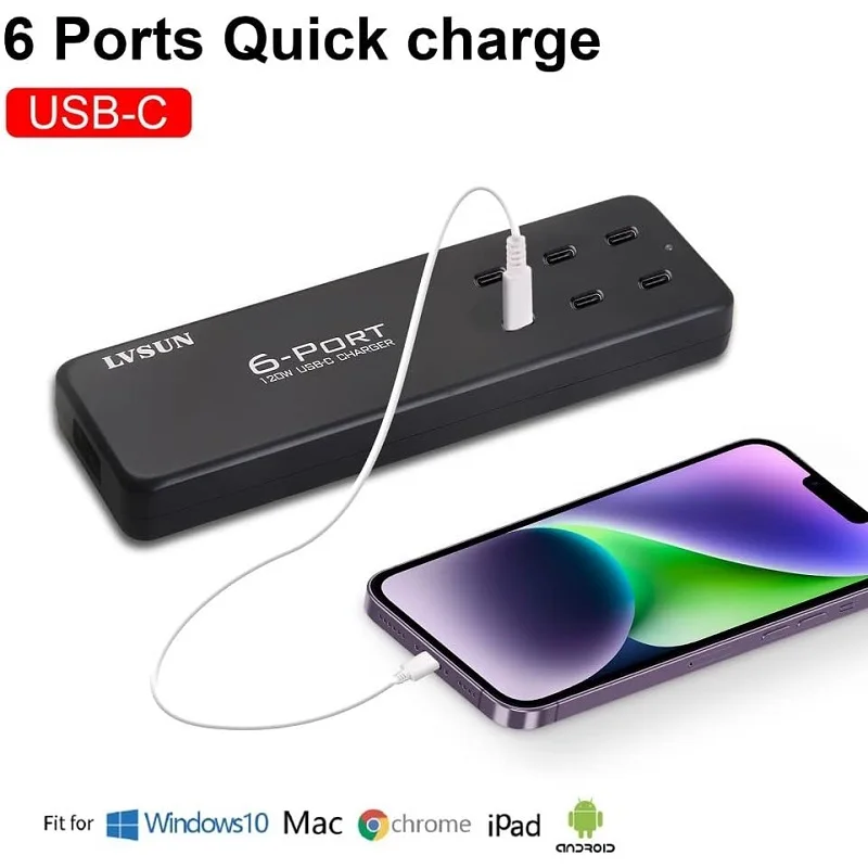 USB C ũž  ̼, GaN 6 Ʈ Ƽ ġ , ƺ , ,  14, 13/13 , е , ÿ, 120W