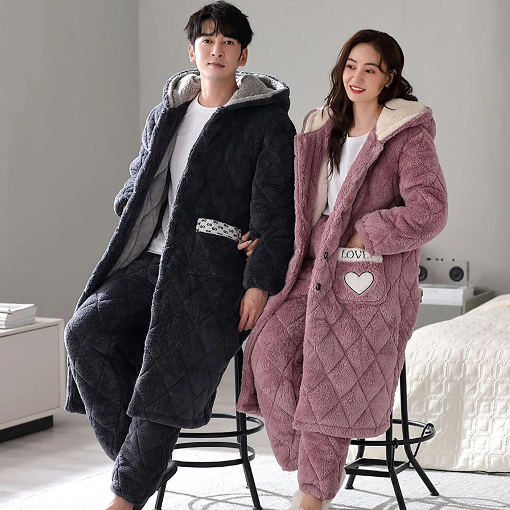 3-Layer Super Thicken Coral Fleece Warm Plush Robe Set Couple Winter Hooded Sleepwear Sweet Style Bathrobe Men Night Dress Women