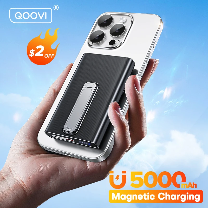 QOOVI 5000mAh Magnetic Wireless Powerbank PD20W Fast Charging Mini External Battery Portable Charger For iPhone Samsung Xiaomi