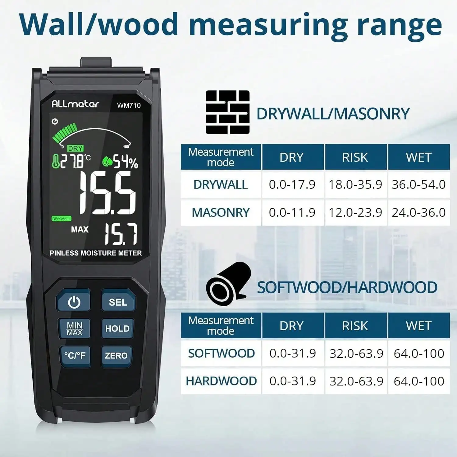 20mm Analysis Depth Wood Moisture Meter Color Display Alarm Function Walls Wood Masonry Plaster Building Materials