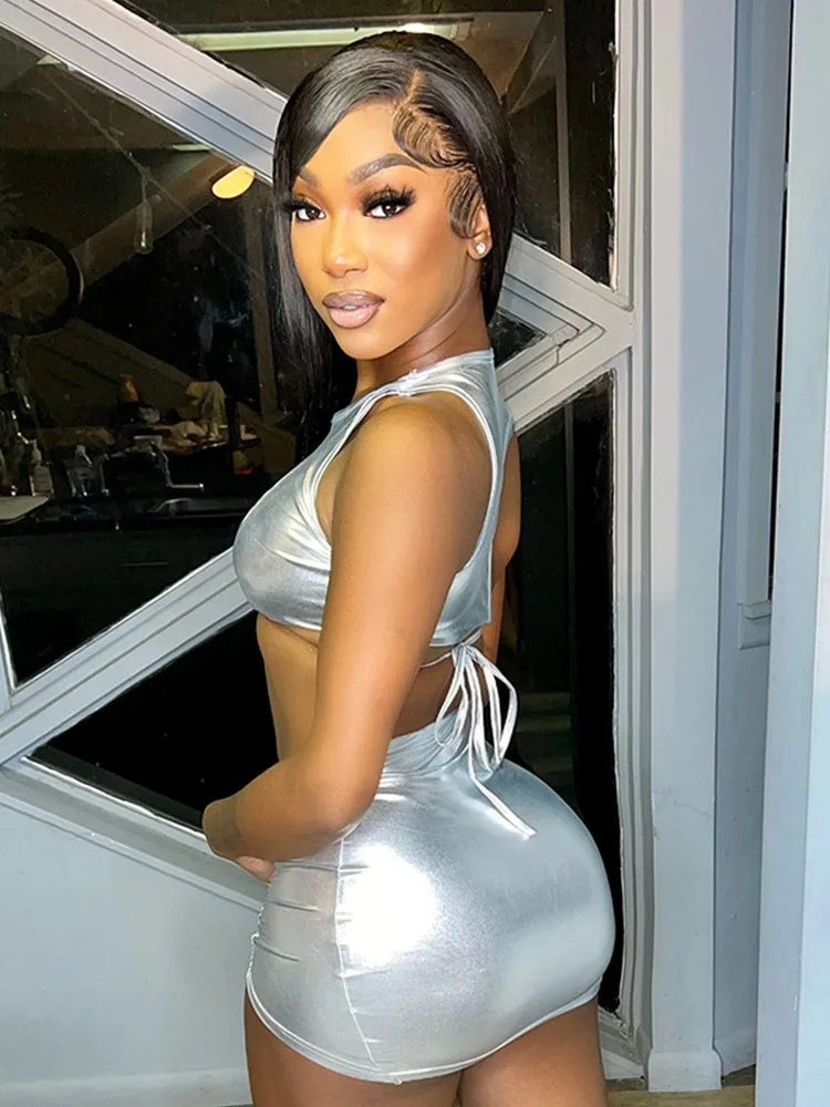 Hollow Out Bodycon Dress For Women Y2k Clothes O-Neck One-Pieces Sexi Night Dress Hot Club Outfit Metallic Mini Vestido De Mujer