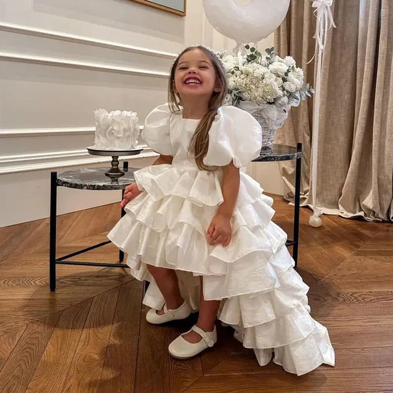 

White Layered Flower Girl Dress For Wedding Puffy Satin With Bow Kid Birthday Party Princess Pageant Dress First Communion Gown