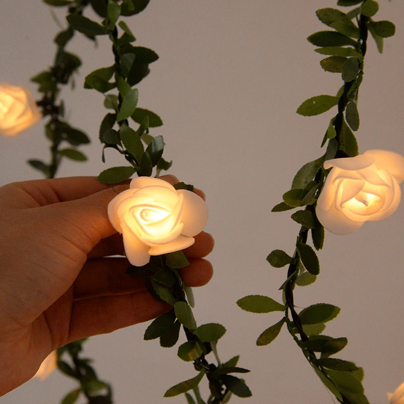 Rose Flower Led Fairy String Lights Artificial Green Leaf Rattan Wedding Birthday Party Home DIY Decoration Christmas Garland