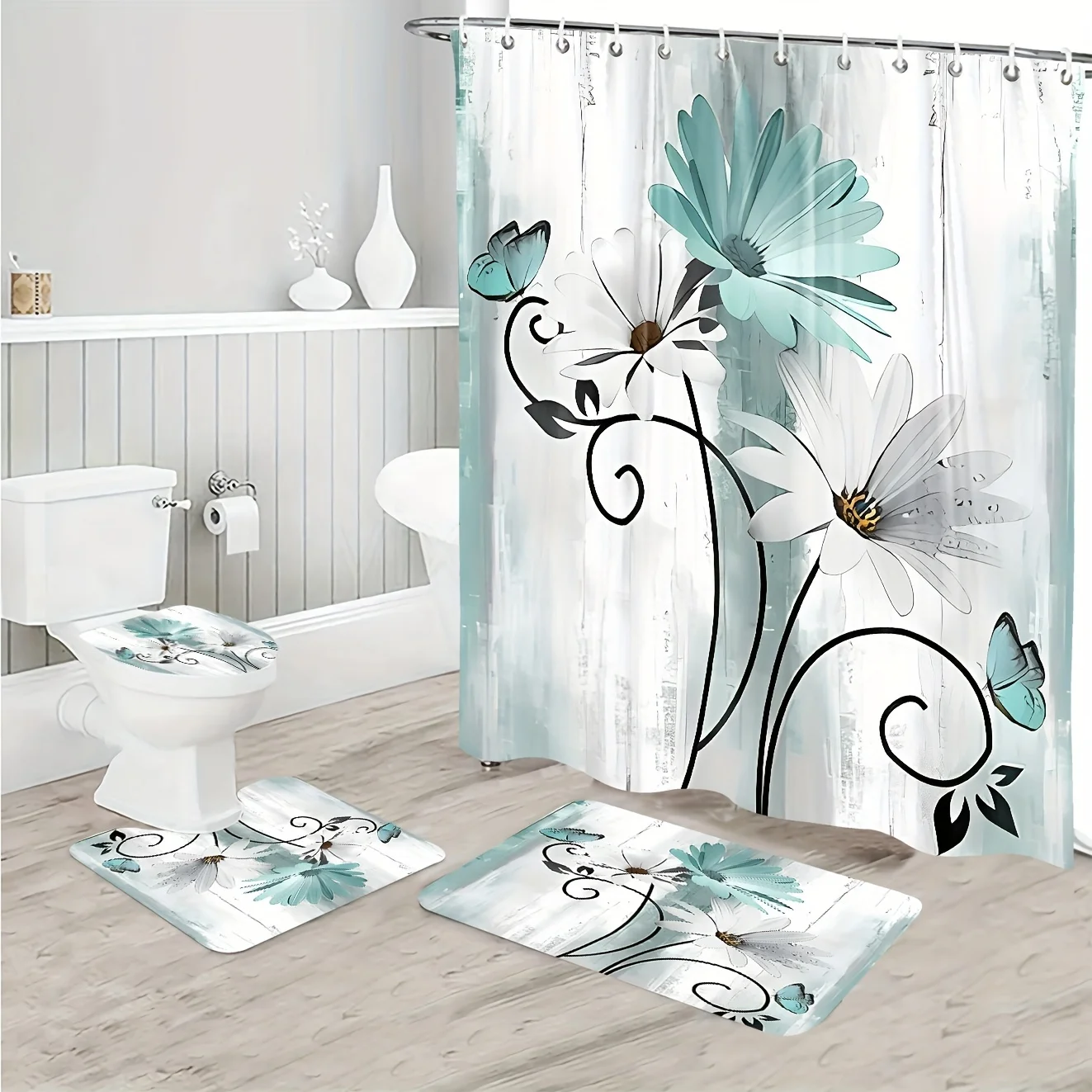 4pcs Floral Wooden Pattern Shower Curtain Set, Bathroom Rug, U-Shape Mat, Toilet Lid Pad, Waterproof Curtain With 12 Plastic , B
