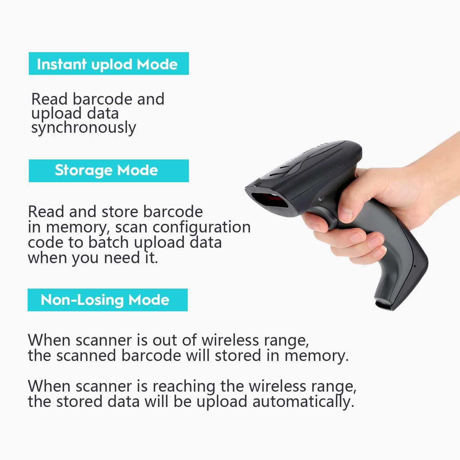 Bluetooth Barcode Scanner 1D 2D 500m Transmission Distance Handheld QR code Scanner CMOS 433MHz Handheld Wireless Barcode Reader