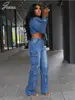 Joskaa Stretch Denim 2 Piece Sets Women Hipster Lapel Full Sleeve Irregular Jacket and Straight Pants Matching Baddie Streetwear 3