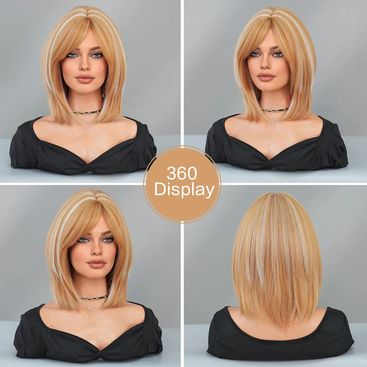 7JHH WIGS Shoulder Length Blonde Bob Wigs with Neat Bangs High Density Synthetic Highlight Beige Hair Wig for Women Daily Use