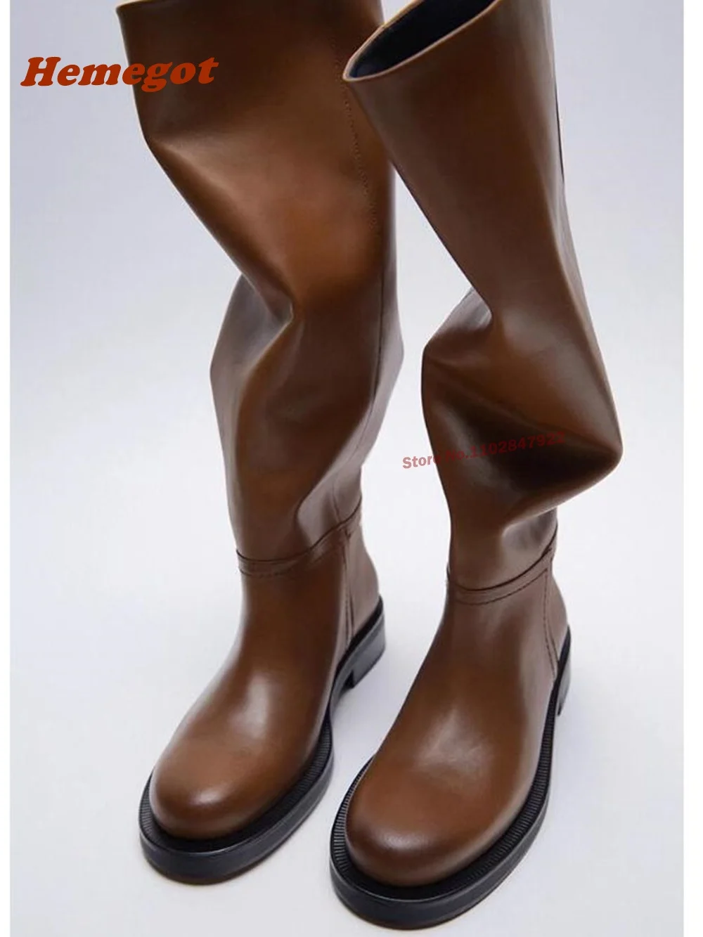 

Retro Cowboy Knight Boots Chunky Heels Slip On Women's Boots Round Toe Leather Mid Heel Brown Casual Shoes Solid Luxury Booty