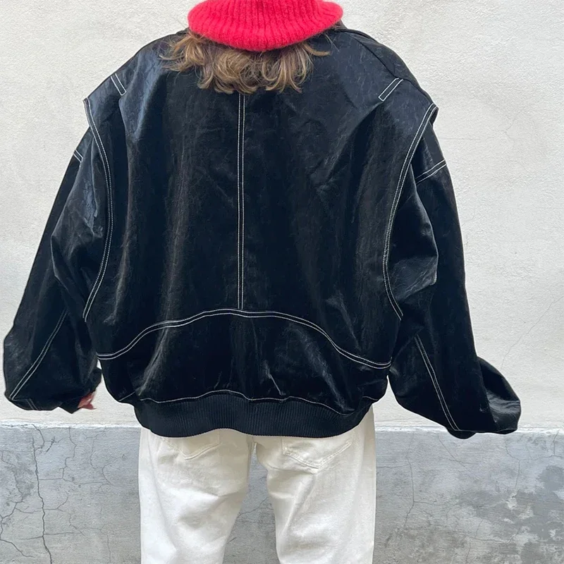 Vintage Solid Lapel Collar Zipper Women's Leather Jacket Casual Fashion Lapel Long Sleeve Coat 2024 Autumn Winter Outwear Tops