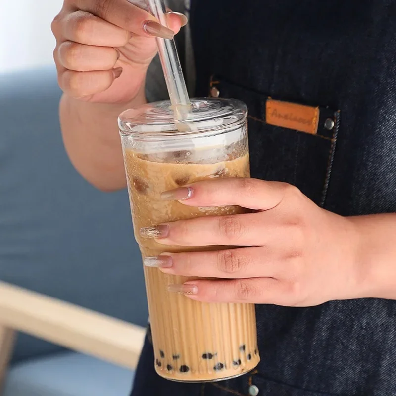 2 Tazze In Vetro A Strisce Da 400ml Con Coperchio Ermetico E Cannuccia - Bicchieri Per Caffè Freddo, Latte, Succhi, Birra - 3