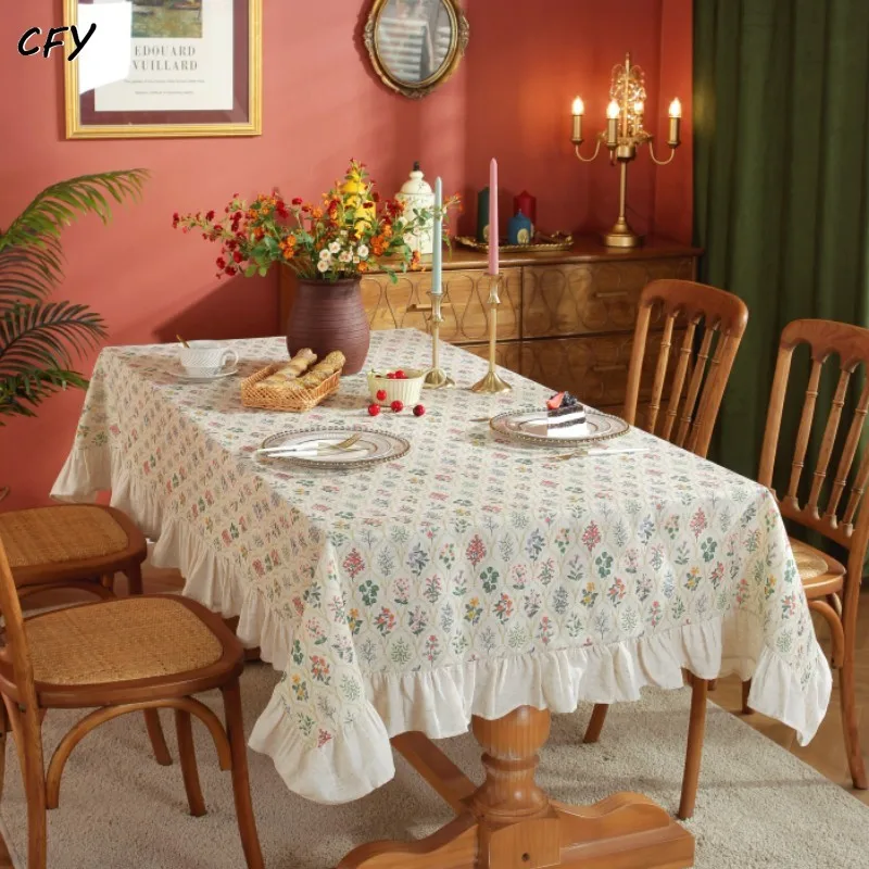 

Cotton Linen French Countryside Floral with Lace Rectangular Table Cloth Kitchen Table Map Towel Tablecloth Christmas Decoration