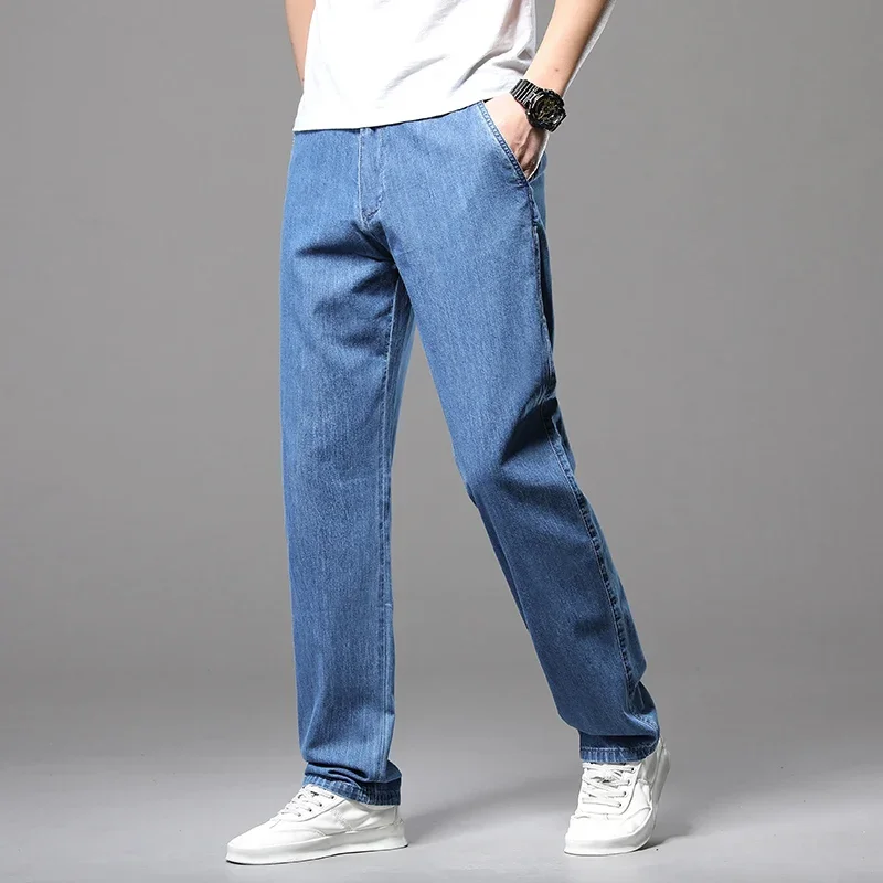 

2024 летние классические мужские джинсы из 100% хлопка, тонкие свободные прямые джинсовые брюки, Синие Деловые брюки для мужчин, большие размеры 35 40 42