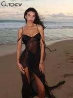 Cutenew Mesh See Through Maxi Dresses Women Solid Sexy Ribbons Suspendency Side Splited Attractive Vestidos Female Holiday Robe