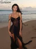 Cutenew Mesh See Through Maxi Dresses Women Solid Sexy Ribbons Suspendency Side Splited Attractive Vestidos Female Holiday Robe 1