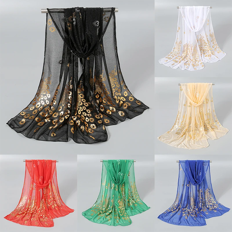 Fashion-Gold-Glitter-Polyester-Scarf-Peacock-Printed-Hijab-Women-Solid ...