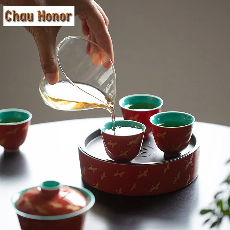 230ml Palace Red Glaze Crane Art Teapot Holder Household Ceramic Tea Pot Base Chinese Gaiwan Tray Kung Fu Tea Dry Brewing Table