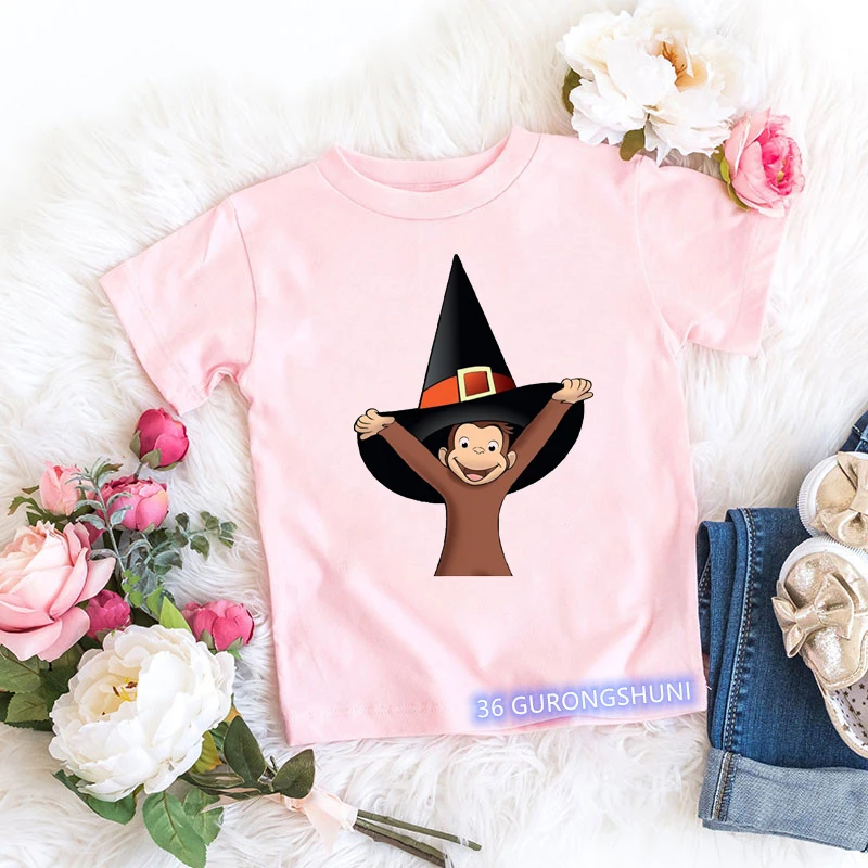 2024 Kawaii Curious George T-shirt Cartoon Graphic Print Monkey T Shirt Summer Tees Girls Tshirts Pink Short Sleeved Tops 5