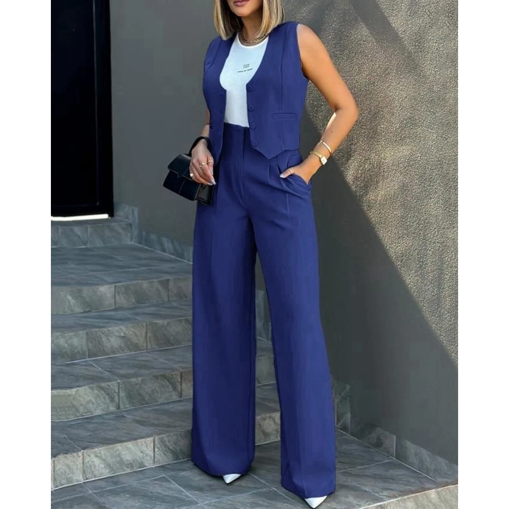 

Women Buttoned V-Neck Casual Waistcoat Top & Wide Leg Pants Sets Office Female Summer 2 Pieces Elegant Pants Set Work wear