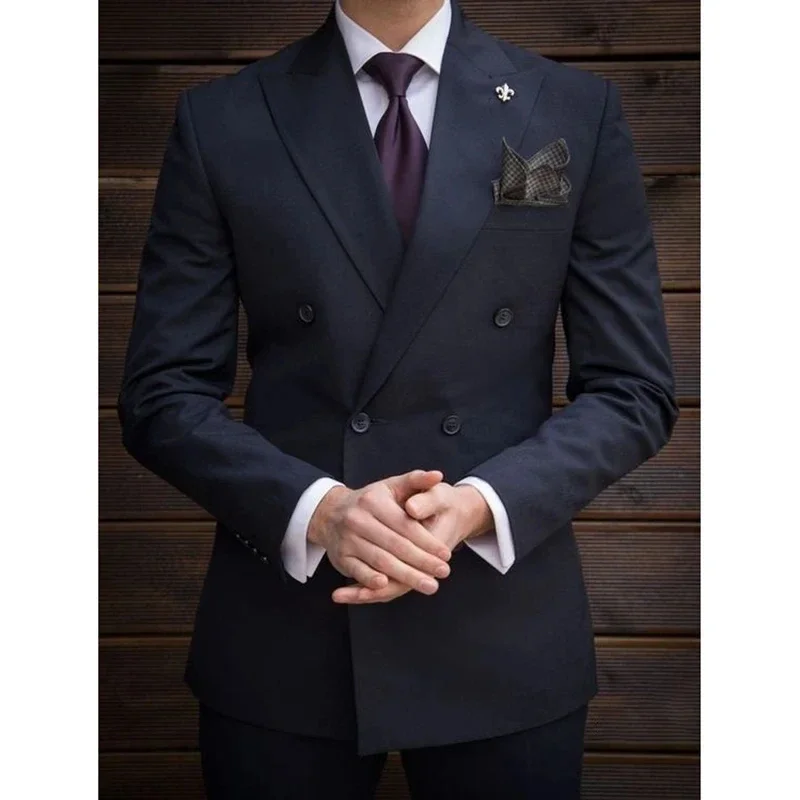 Navy Blue Men's Suits Double Breasted Flat Peaked Lapel Formal Business Prom Party Blazer 2 Piece Jacket+Pants