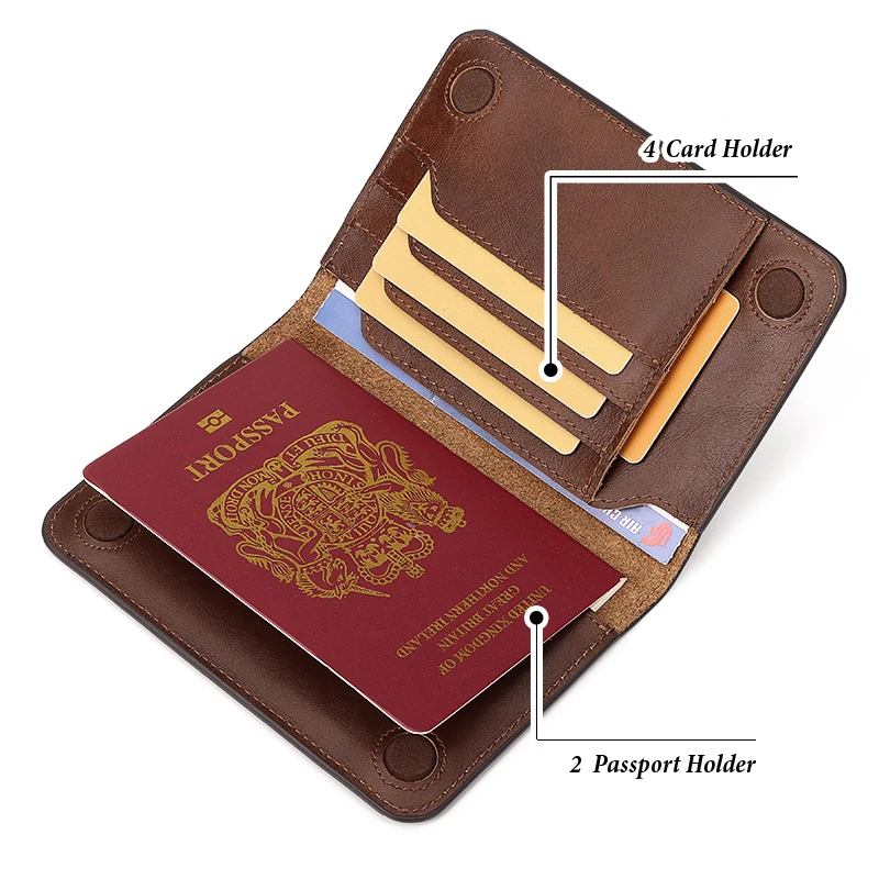 Passaporte de couro genuíno para homens e mulheres, Travel Essentials Wallet, suporte do cartão de crédito RFID, acessórios de viagem internacional