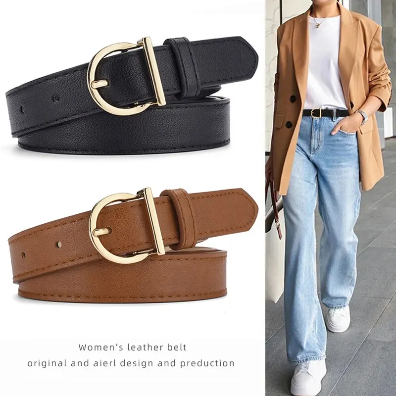ALAIX Cinturón De Cuero Para Mujer, Pantalones Vaqueros, Cinturón De Moda Para Mujer, Con Hebilla Dorada, Elegante Cintura Fina, Cinturones De Vestir Para Mujer, Negro-oro