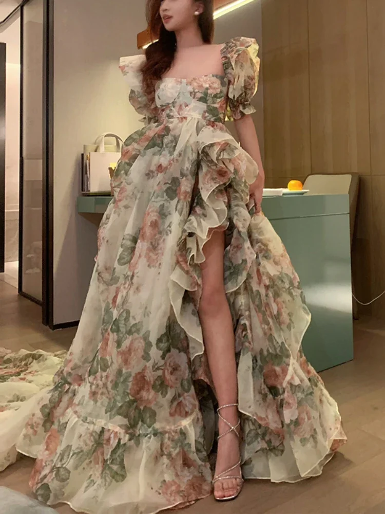 Print Floral France Vintage Evening Party Midi Dress Puff Sleeves Sweet  Dress | eBay