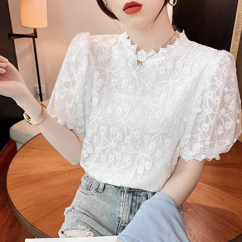 รูปสินค้า เสื้อลูกไม้แฟชั่นเกาหลี แขนพอง ชิลล์ๆ ฤดูร้อน