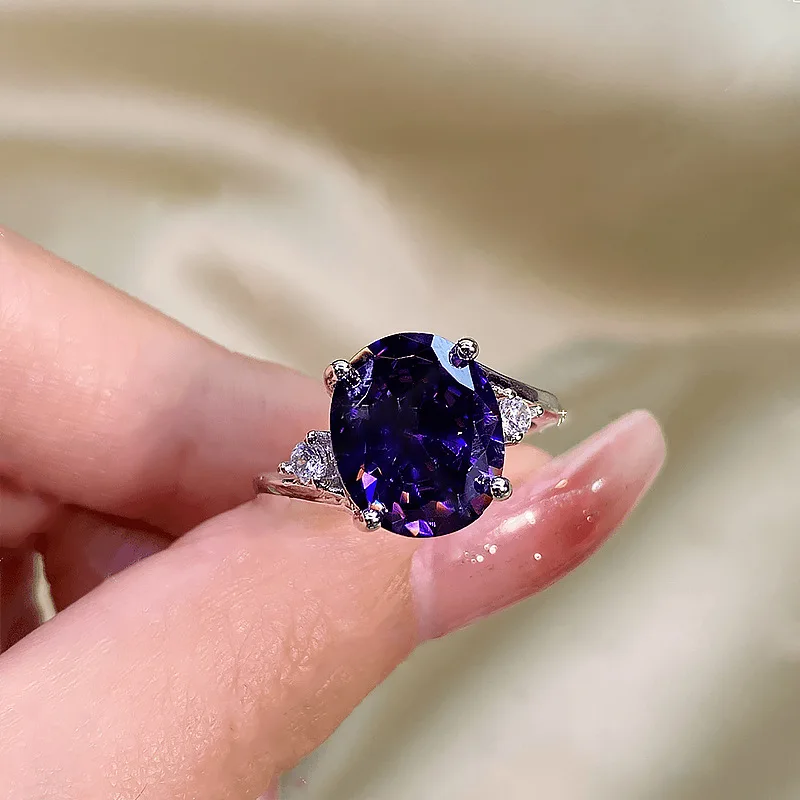Purple Crystal Oval Engagement Ring Green Zircon Egg Shape Stone Rings For Women Vintage Silver Color Wedding Engagement Jewelry stainless steel ring