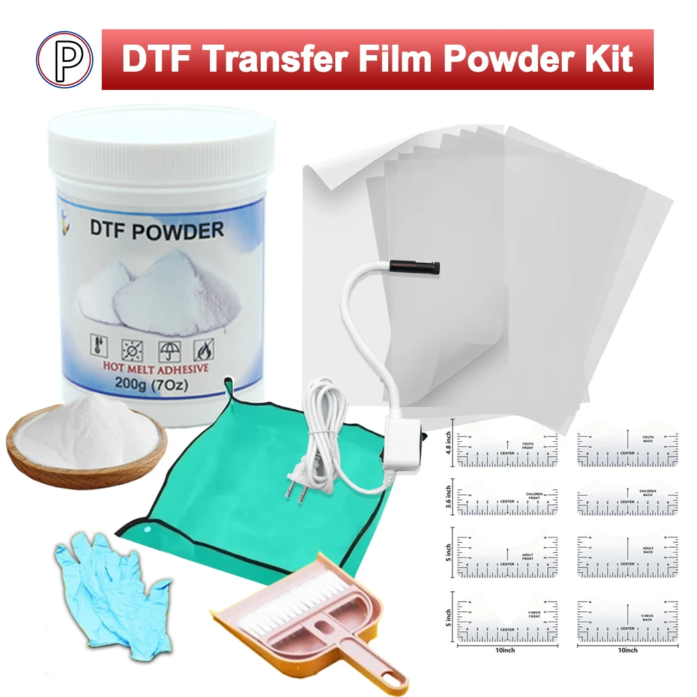 DTF 전사 필름 파우더 초보자 DIY 키트 50개 A4 필름, 7온스 화이트 파우더, 레이저 로케이터 정렬 룰러 디지털 DTF 프린터용