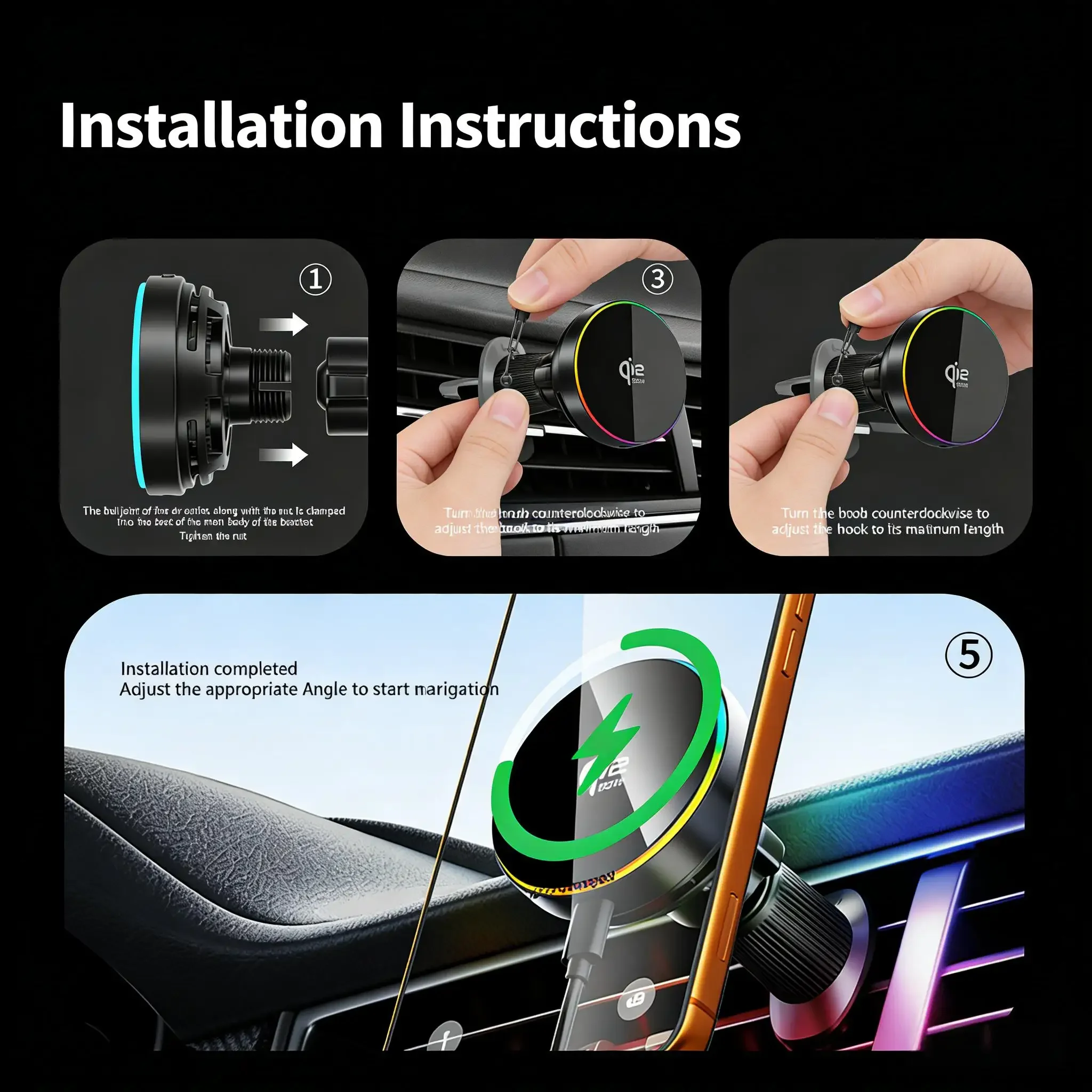 Enhanced Magnetic Wireless Car Phone Holder with Adjustable RGB Lighting and Fast Charging (25W)