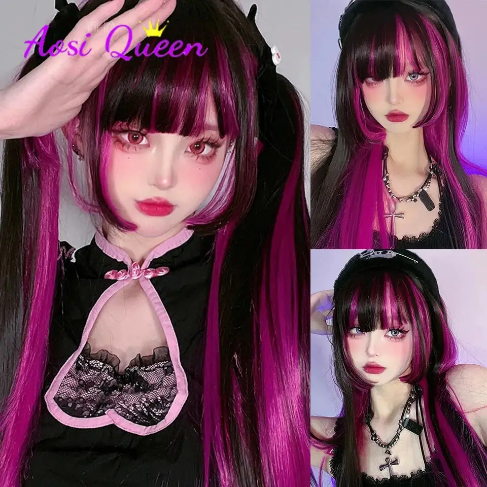 AOSI Cosplay Wig With Princess Cuts Bangs Synthetic Straight Hair 23 Inch Long Heat-Resistant Black Rose Purple Wig Party Wig