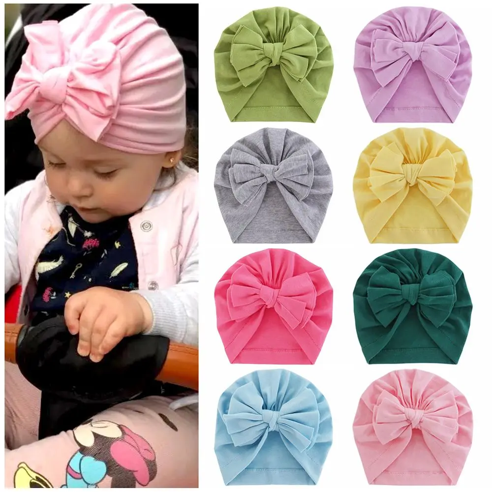 Caps Cotton Bowknot Baby Turban Hat Head Wraps Knot Headband Infant Beanies 
