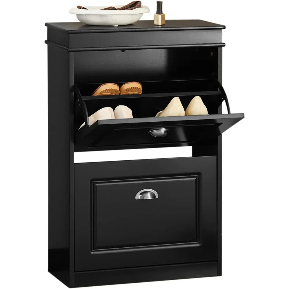 Black 2 Flip-Drawers Slim Shoe Cabinet, Shoe Rack with Doors, Shoe Storage Cupboard Organizer Unit for Entryway