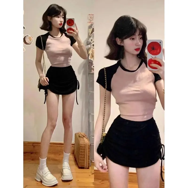 

Korea Splice Casual Tees Ladies Simple O Neck Short Sleeve Short Tops Women Fashion Tight Sexy T Shirt Female