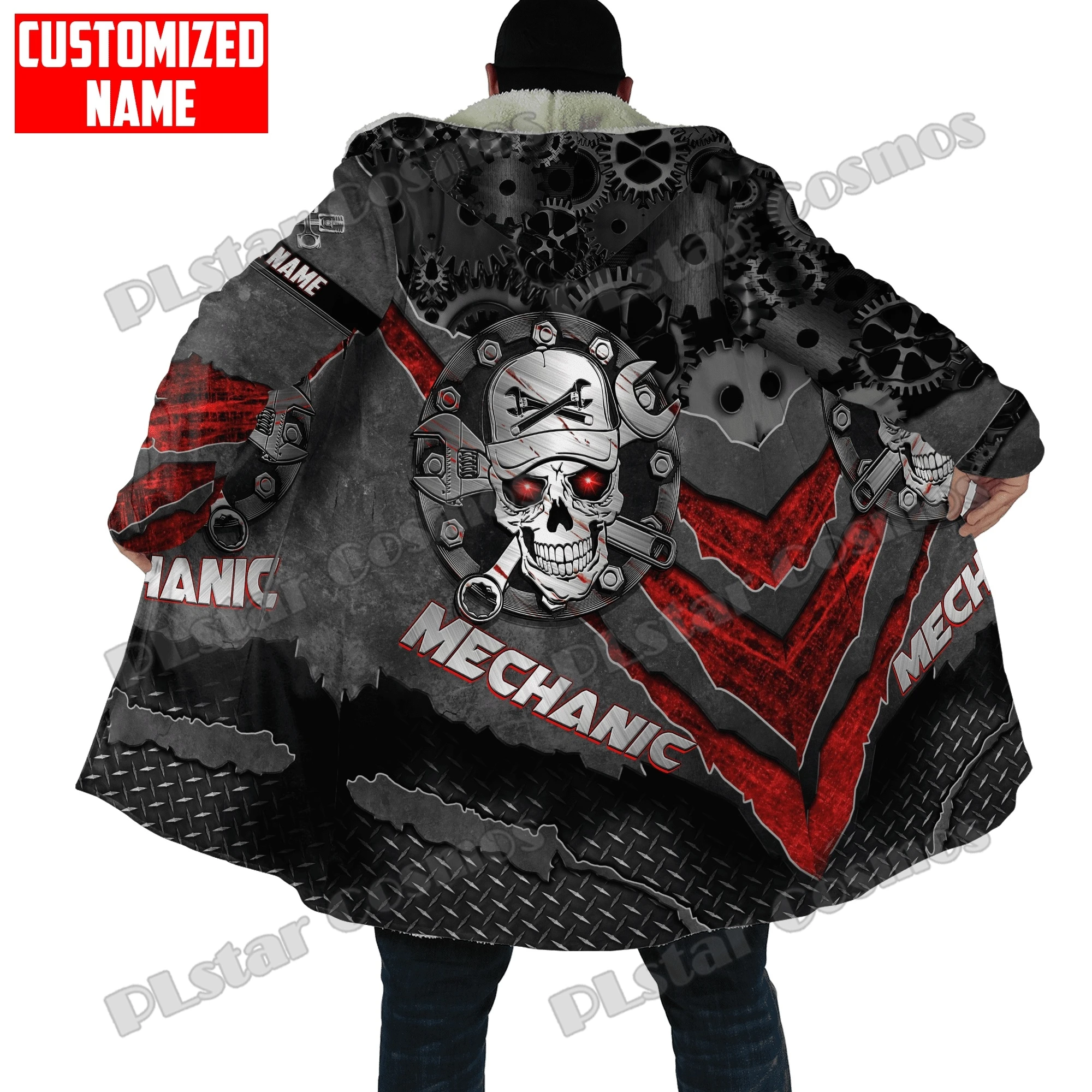 Personalized Mechanic Skull Tool Metal 3D Printed Mens Fleece Hooded cloak Winter Unisex Casual Thick Warm Cape coat PJ07