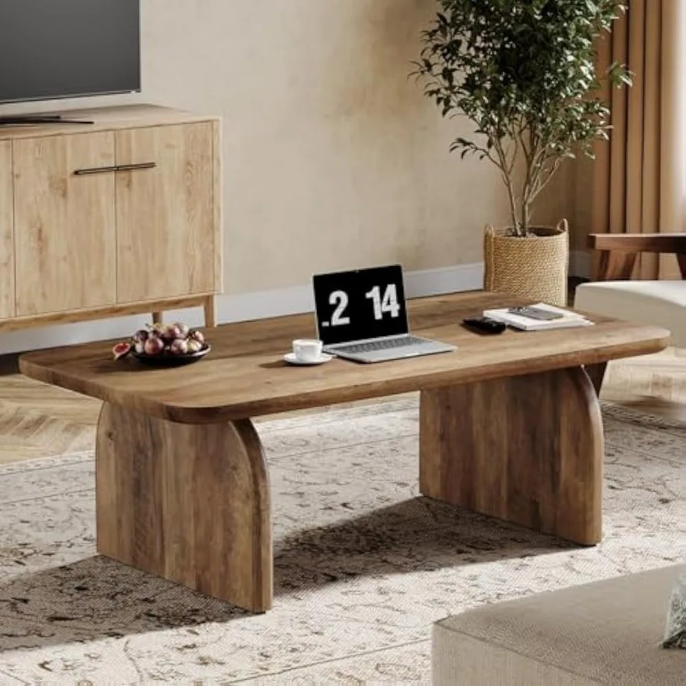 Rectangle Coffee Table, 47-Inch Wood Rectangular Living Room Table, Farmhouse Accent Center Table Low Cocktail Tea Table with S 4