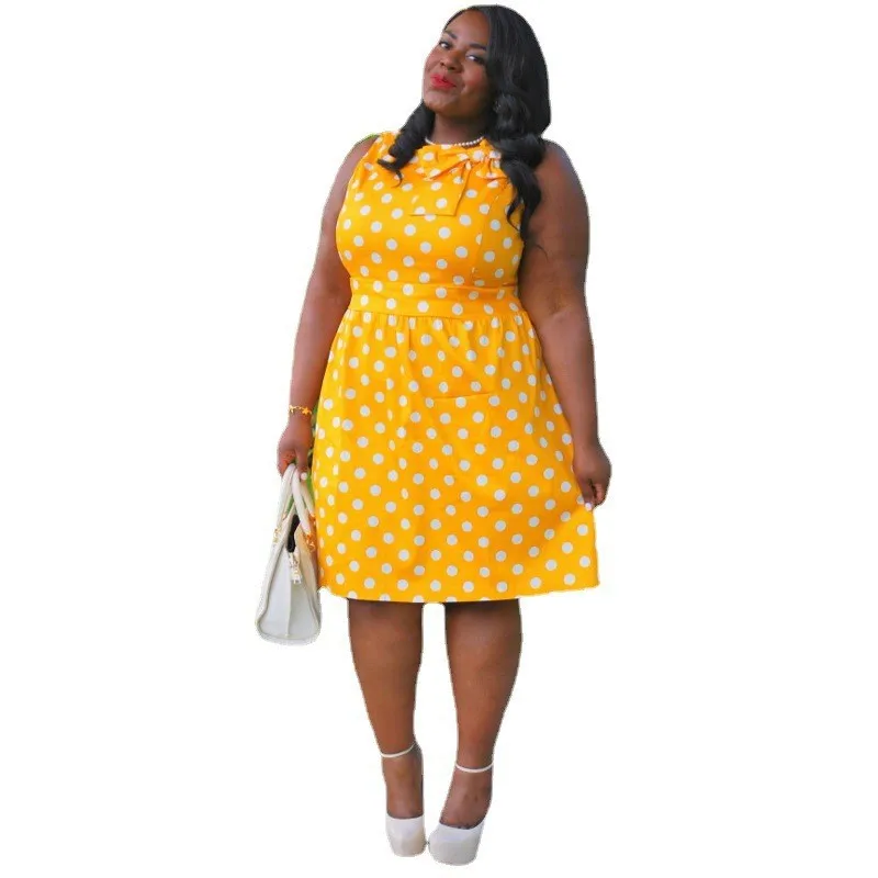 

African Dresses For Women With Bow Sleeveless Knee Length Ropa Mujer Summer New Dot Print Streetwear Short African Dress Vestido