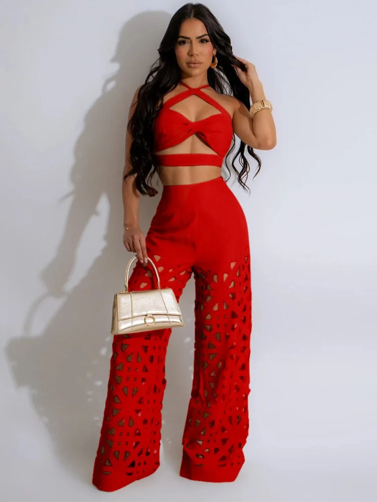 Wmstar Two Piece Set Women Sexy V Neck Bandage Sleeveless Hollow Out  Wide Leg Pants Matching Suits Wholesale Dropshipping New