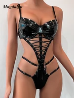 Magdalyn Women Sexy PU Strappy Bodysuits Bodycon Hot Catsuits Hollow Solid Rompers Fashion Erotic Faux Leather One Piece Onesie - Image 3