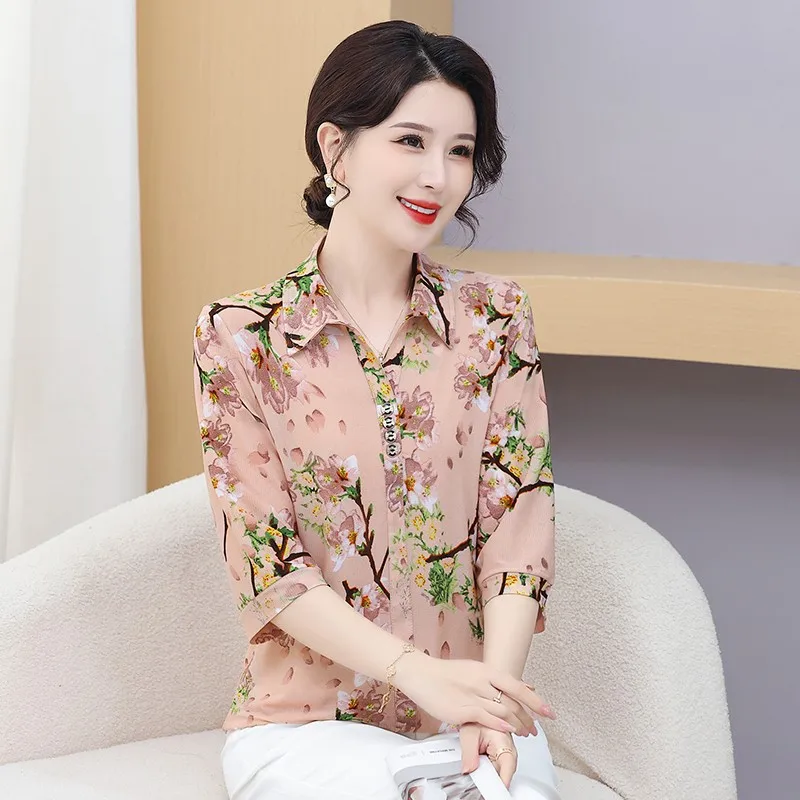 Middle aged mother Casual Loose Turn-down Collar Blouse Summer Fashion Vintage Printed Female Clothing Short Sleeve Shirt