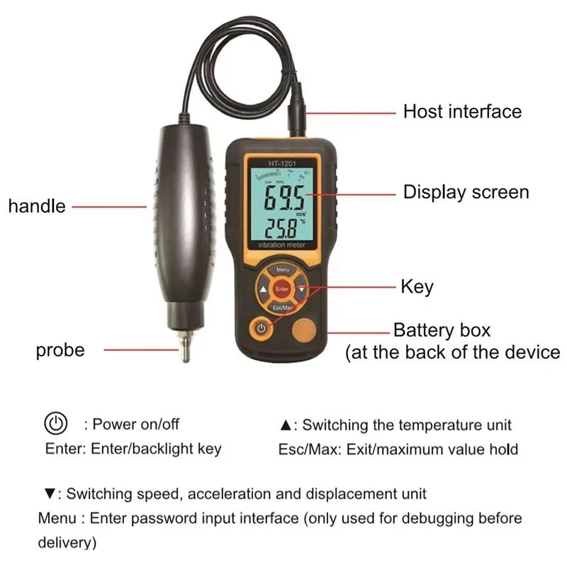 HT-1201 Portable LCD Vibration Analyzer Tester Meter Vibrometer Gauge 0.1-199.9m